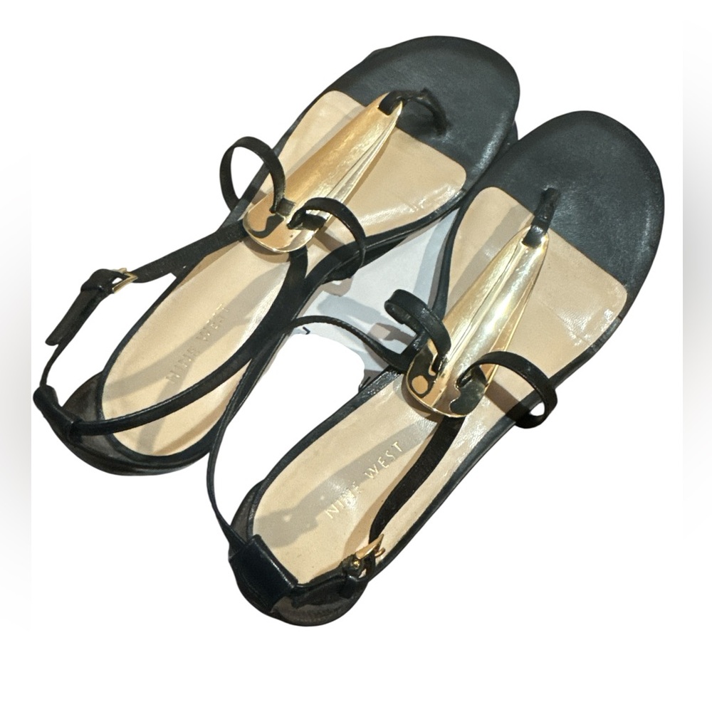 Nine West Black and Gold Women's Flat Sandals Size 9-1/2 Women’s Summer Shoes